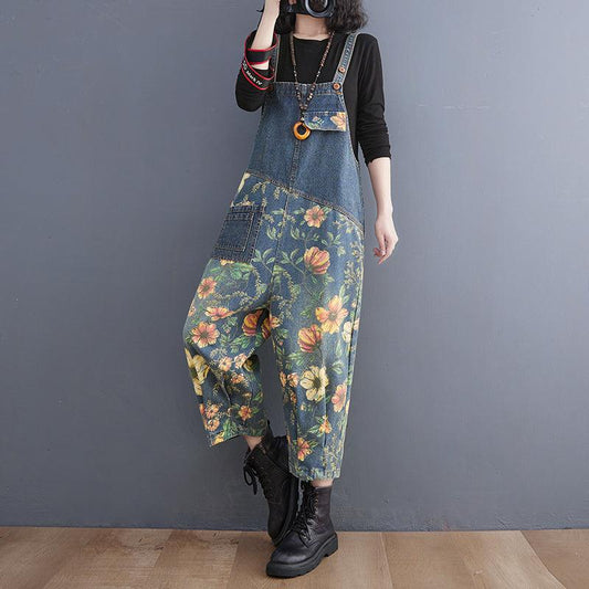 Patchwork Floral Denim Jumpsuit - Arryna Clothing