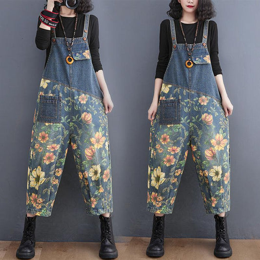 Patchwork Floral Denim Jumpsuit - Arryna Clothing