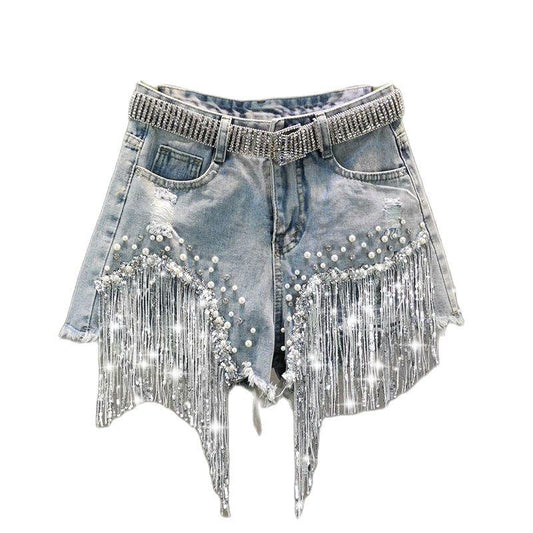 Tassel Beading Denim Short - Arryna Clothing