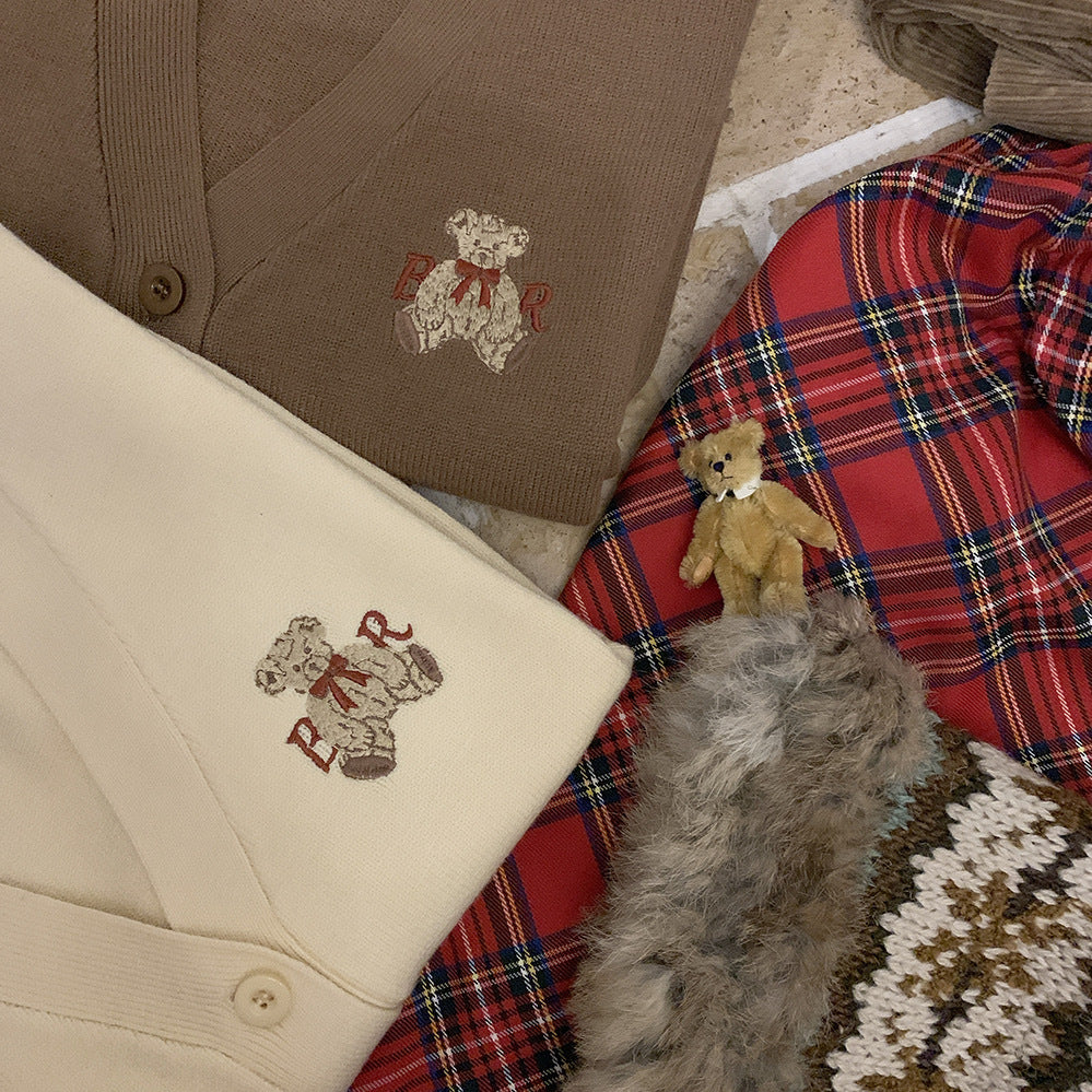 Cute Bear Embroidery Cardigan - Arryna Clothing